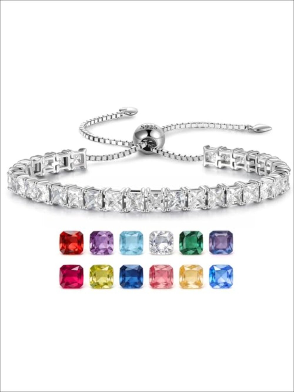 925 Sterling Silver Adjustable Tennis Bracelet Princess Cut Simulated Diamond